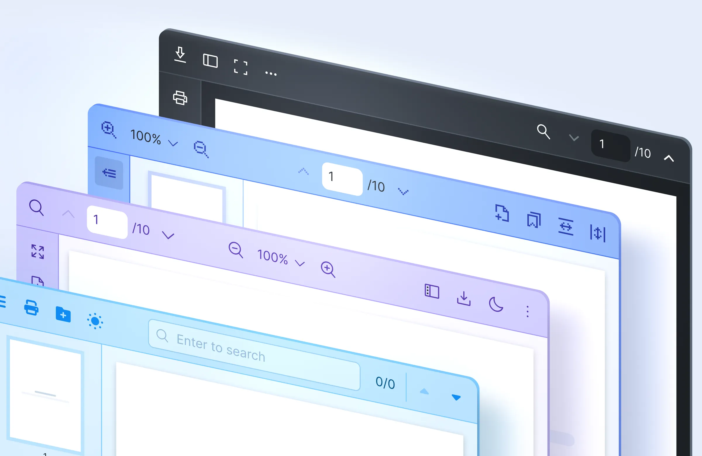 React PDF Kit customizable style and toolbar showing light and dark mode, CSS branding variables, toolbar customization, and component mixing